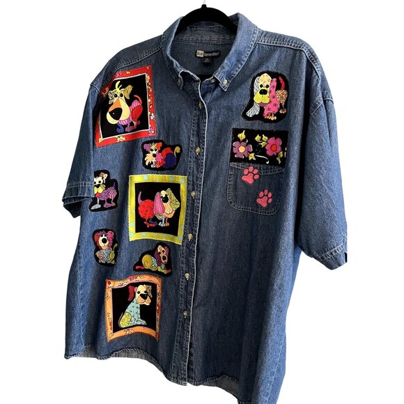 Blue Generation Women's 2XL Puppy Paws Embellished Short Sleeve Denim Shirt Y2K - Picture 1 of 16